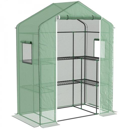 Invernadero con 1 Puerta 2 Ventanas y Estantes de 2 Niveles en Forma de U para Cultivo de Plantas 140x73x190 cm Verde [9]