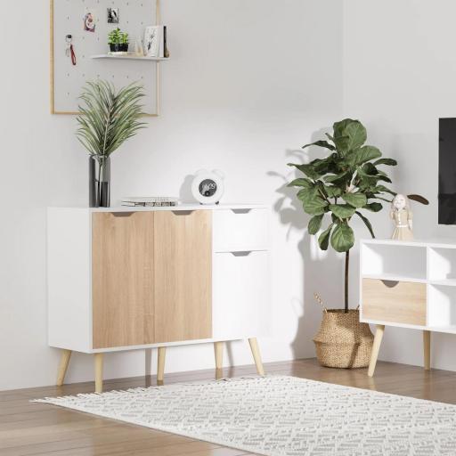 Aparador Moderno Aparador para Salón con 3 Puertas y Cajón Mueble Auxiliar para Salón Cocina Dormitorio 90x30x72 cm Blanco y Natural [6]