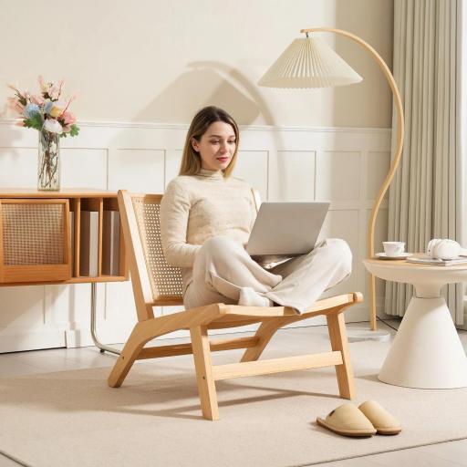 Butaca de Salón con Respaldo y Asiento Amplio de Ratán Marco de Madera para Dormitorio Sala de Estar Natural [6]