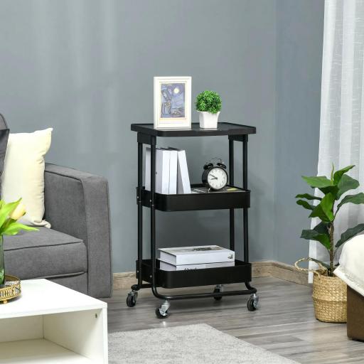 Carrito Auxiliar con Ruedas Carro de Almacenaje de 3 Niveles para Baño Cocina Dormitorio Oficina 46x34,5x76,5 cm Negro
