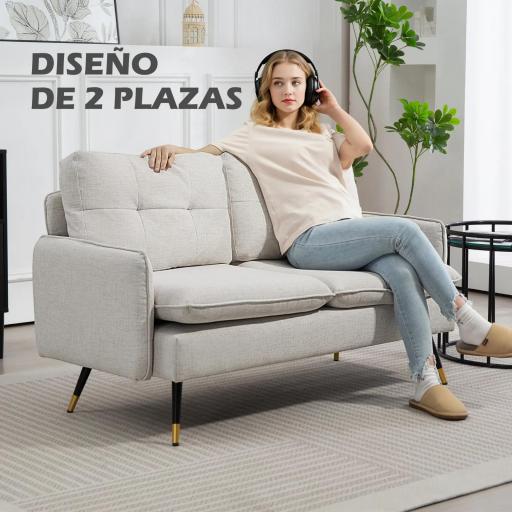 Sofá de Salón de 2 Plazas Moderno con 4 Cojines Reposabrazos y Patas de Acero Carga 240 kg 139x68x80 cm Crema [3]