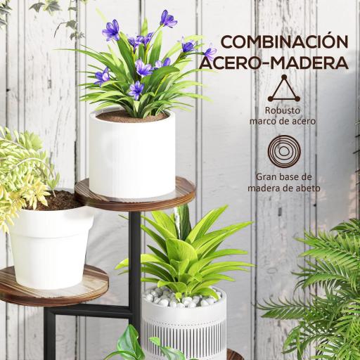 Soporte para Plantas de Madera y Acero de 5 Niveles con 5 Estantes Redondos Soporte para Macetas 43x43x70 cm Carbonizado [3]