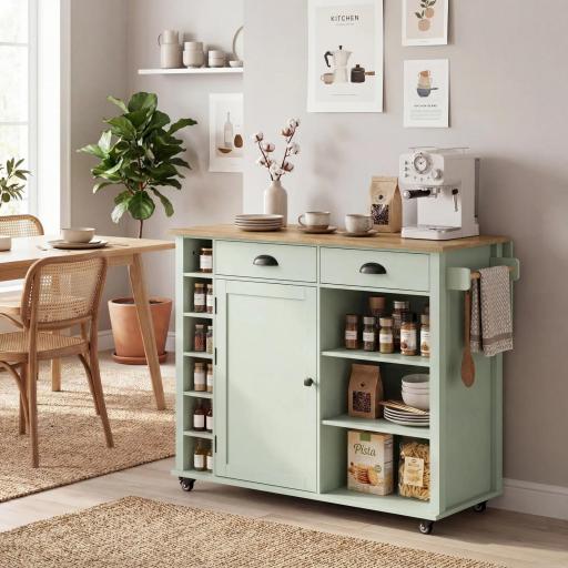 Isla de Cocina con Ruedas Tapa Abatible Especiero Toallero Armario 2 Cajones 117,5x70x91 cm Verde Claro [7]