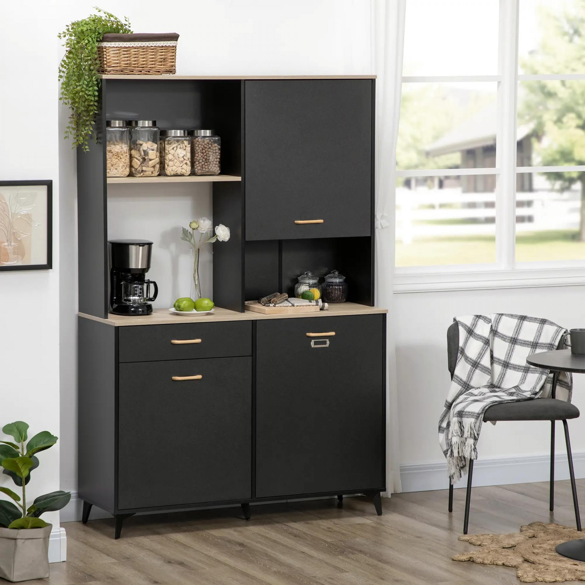 Alacena de Cocina con Cajón Armarios y Estantes Mueble Auxiliar para Microondas Estilo Moderno 119x41x180cm Negro