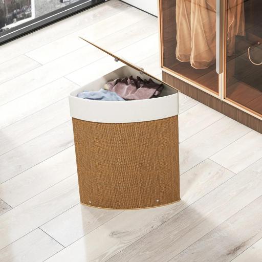 Cesto Ropa Sucia Bambú para Esquina 55L con Tapa y Asa Bolsa Extraíble Lavable 35x35x60 cm Marrón [7]