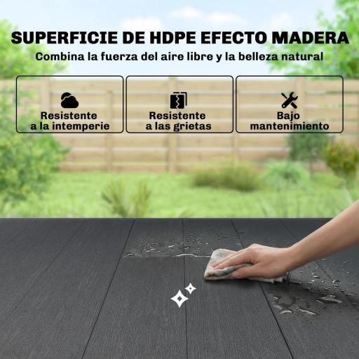 Mesa de Comedor de Jardín para 6 Personas con Superficie de HDPE de Listones Estructura Metálica 150x90x74 cm Negro [5]