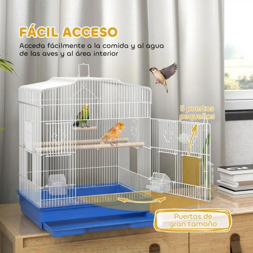 Jaula para Pájaros Pajarera de Acero con 2 Comederos 2 Perchas Columpio y Bandeja Extraíble Asa 46,5x36x59 cm Azul [2]
