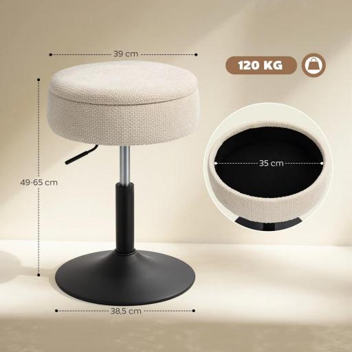 Taburete de Bar con Almacenaje Altura Ajustable Taburete de Cocina Redondo Giratorio Tapizado en Chenilla Beige [1]