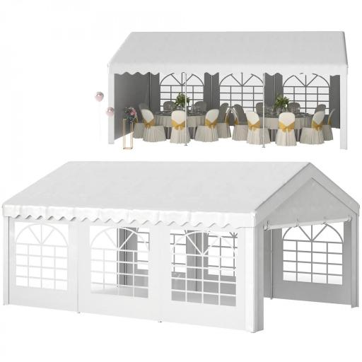Carpa para Fiesta Cochera Gazebo 6x4m Pergola Cenador Pabellón 4 Paneles Laterales Ventanas Anti-UV para Eventos Bodas Acero PE Blanco [9]