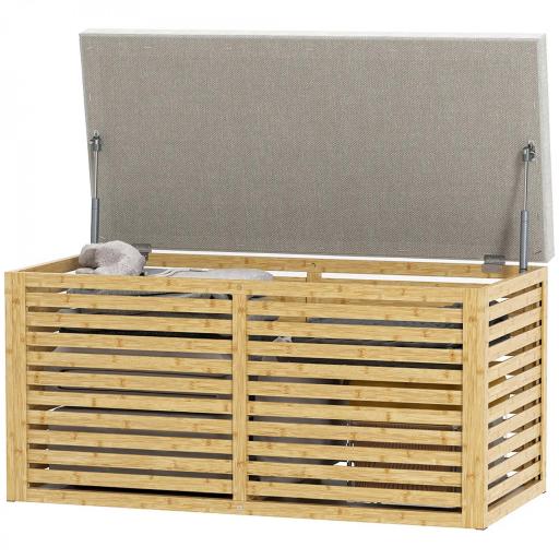 Baúl de Almacenaje 122L Tapizado en Lino Sintético con Cojín Marco de Bambú 90x42x43 cm Gris y Natural [9]