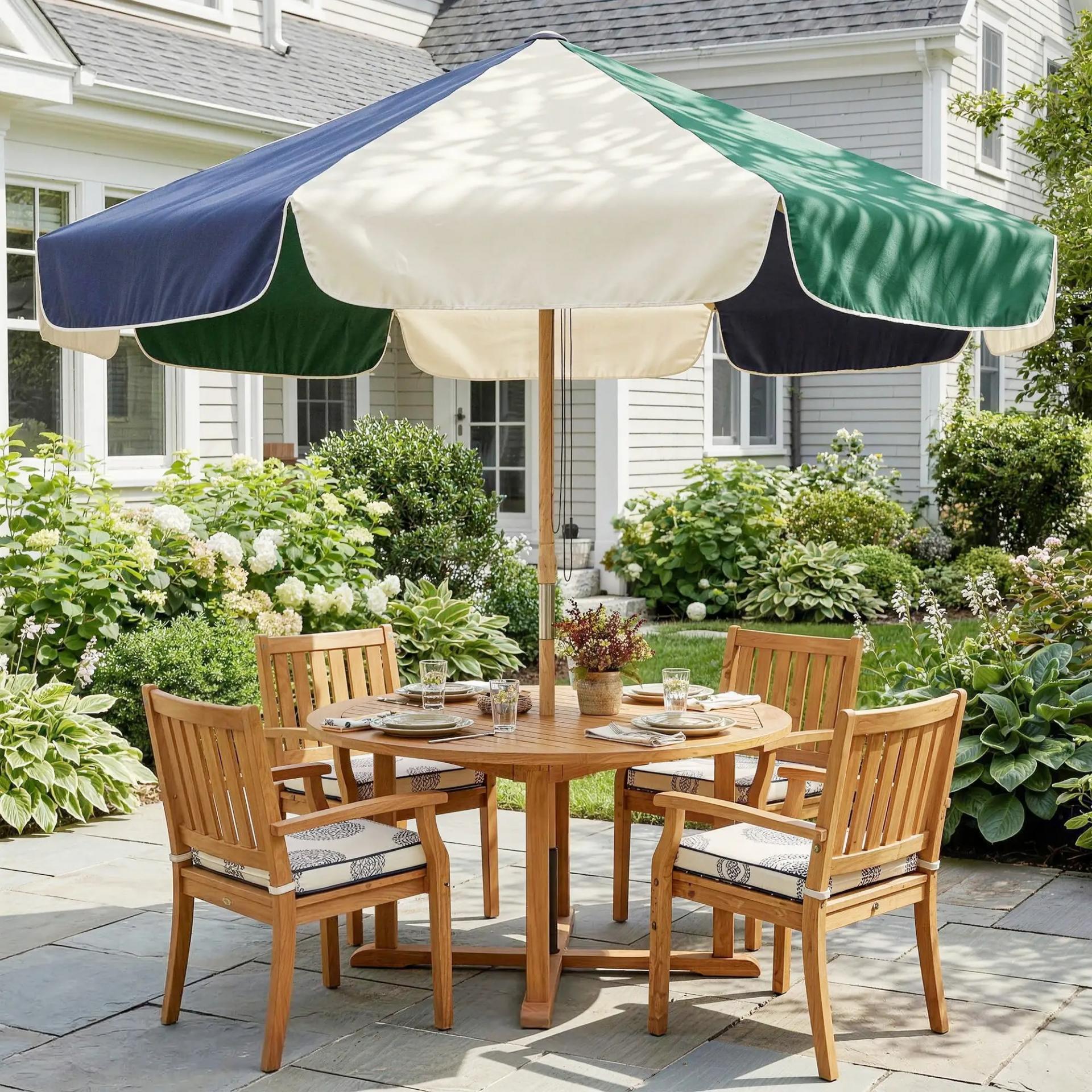 Sombrilla Terraza Exterior Ø2,3 m con Marco de Efecto Madera Polea con Cuerda Dosel Bicolor UPF30+ Verde Oscuro