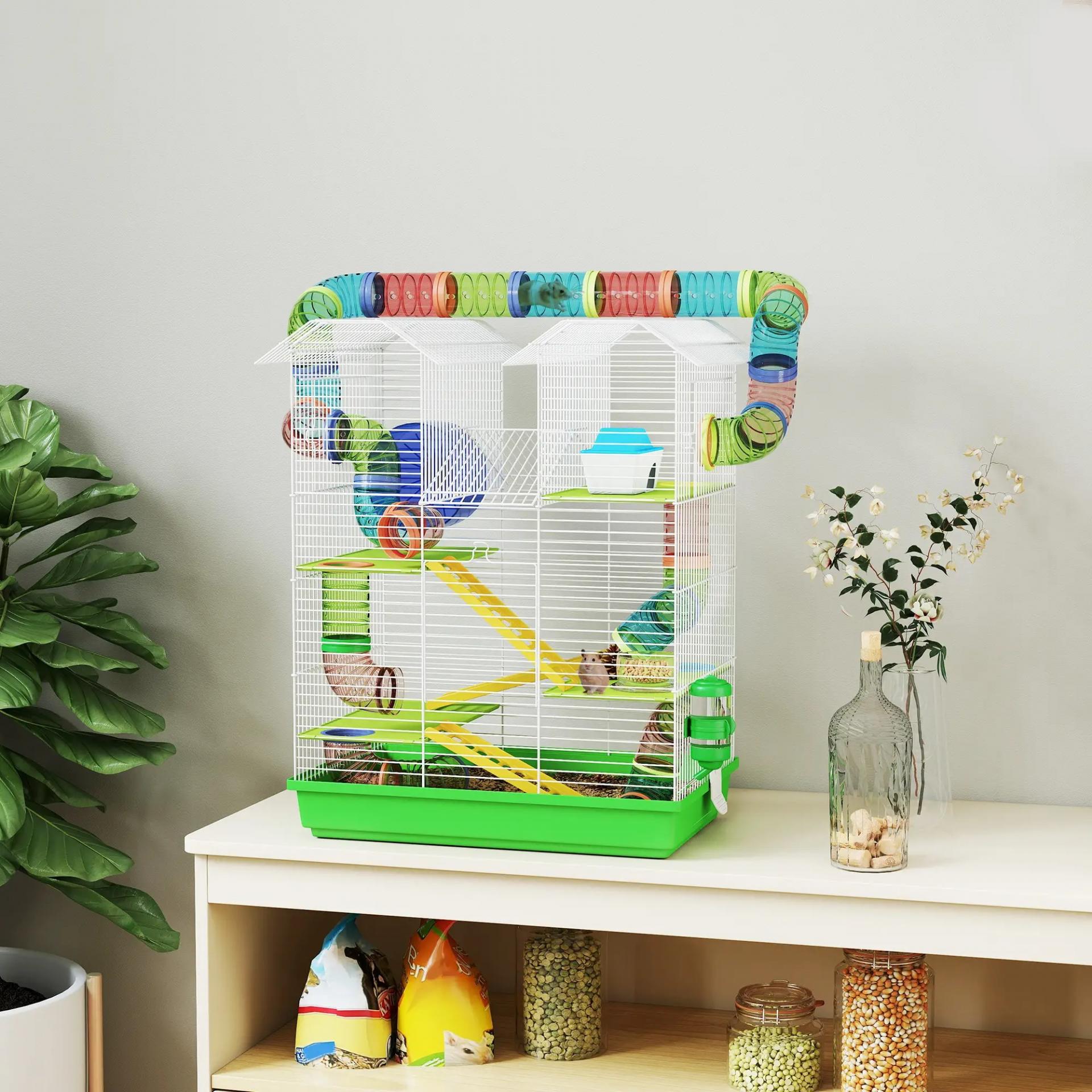 Jaula para Hámster de 5 Niveles 47x30x59 cm con Túnel Comedero Bebedero Casita Rueda de Ejercicio Escaleras Verde