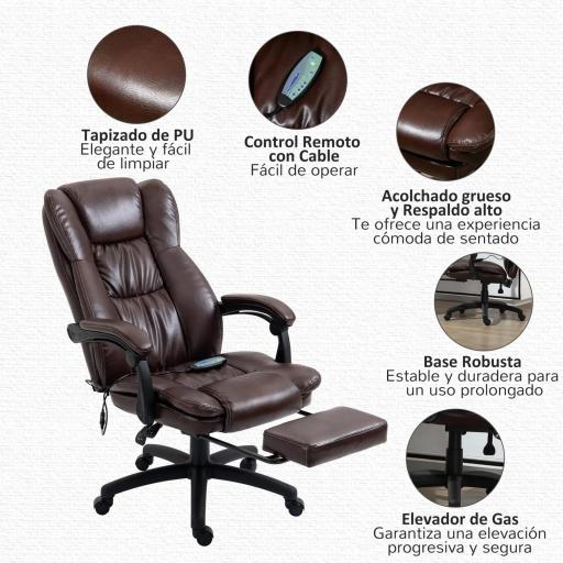 Silla de Masaje Reclinable con Altura Ajustable Reposapiés Retráctil y Control Remoto 68,5x68,5x113-121 cm Marrón [3]