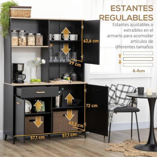 Alacena de Cocina con Cajón Armarios y Estantes Mueble Auxiliar para Microondas Estilo Moderno 119x41x180cm Negro [4]