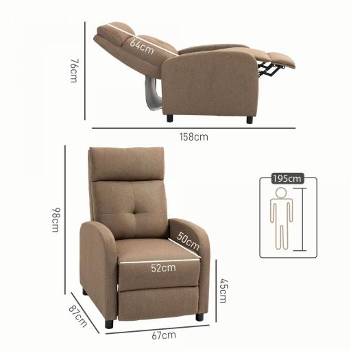 Sillón Reclinable Manual Sofá Individual con Reclinación hasta 155º Carga 150 kg Marrón [1]