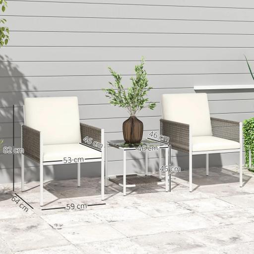 Juego de 2 Sillas y Mesa de Ratán con Cojines Acolchados y Encimera de Vidrio para Balcón Terraza Marrón y Crema [5]