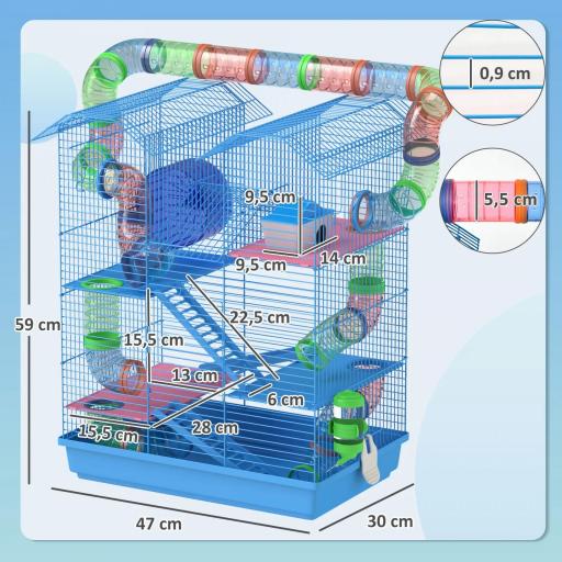 Jaula para Hámster de Múltiples Niveles con Tubos Plataformas Comedero Bebedero Casita Rueda Escaleras 47x30x59 cm Azul [6]