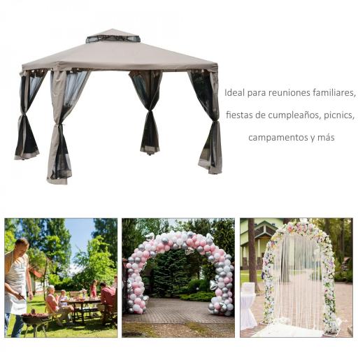 Cenador de Jardín 3x3 m Pabellón de Exterior con Doble Techo de Ventilación 4 Cortinas Mosquiteras Laterales con Cremallera 8 Orificios de Drenaje Gazebo para Fiestas Patio Marrón Pardo [3]