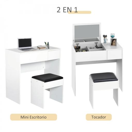Tocador de Maquillaje con Taburete Mesa de Maquillaje con Espejo Tapa Abatible y Cajas 80x40x79 cm y 40x30x40 cm [2]