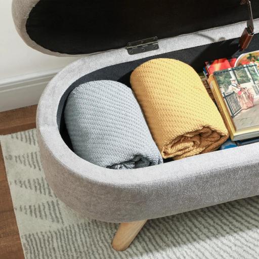 Puff Almacenaje Tapizado en Terciopelo de Teddy con Patas de Madera y Asiento Acolchado Gris Claro [7]