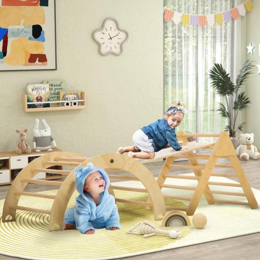 Triángulo de Escalada para Niños de 18-48 Meses con Rampa Escalador de Arco 219x72,5 cm Natural