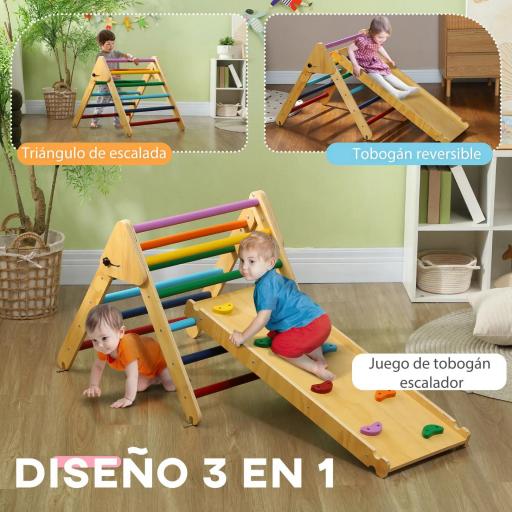 Triángulo de Escalada de Madera 3 en 1 con Rampa para Deslizarse o Escalar 147x64,5x63 cm Multicolor [3]