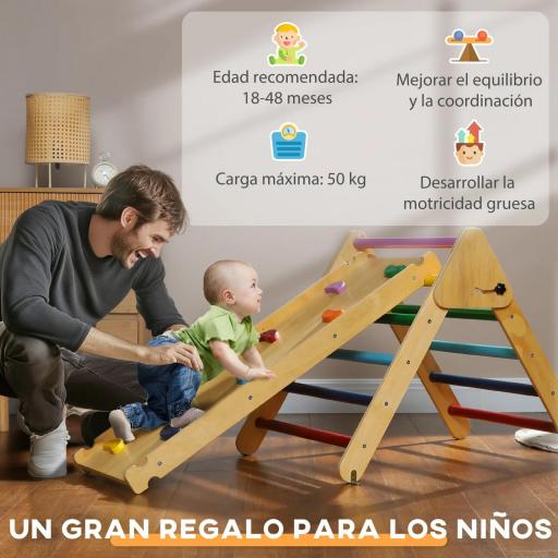 Triángulo de Escalada de Madera 3 en 1 con Rampa para Deslizarse o Escalar 147x64,5x63 cm Multicolor [4]