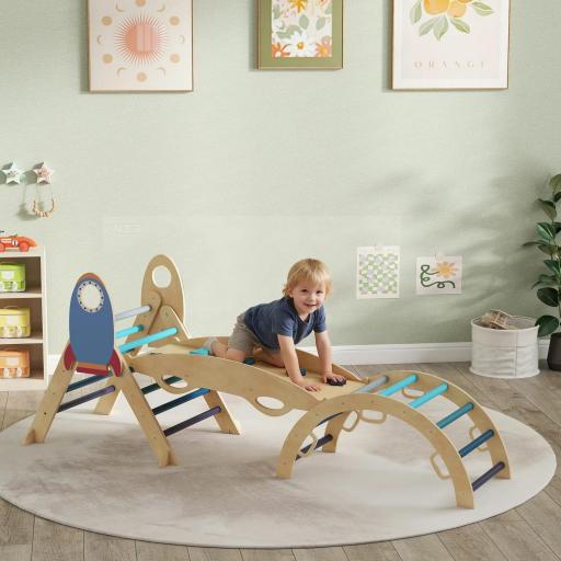  7 en 1 Triángulo de Escalada Montessori de Madera Tema de Cohetes con Arco y Rampa para Niños de 18-48 Meses Azul
