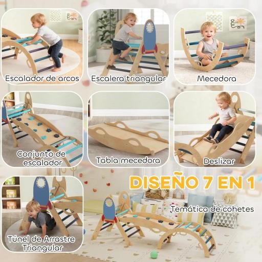  7 en 1 Triángulo de Escalada Montessori de Madera Tema de Cohetes con Arco y Rampa para Niños de 18-48 Meses Azul [6]