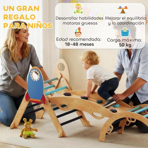  7 en 1 Triángulo de Escalada Montessori de Madera Tema de Cohetes con Arco y Rampa para Niños de 18-48 Meses Azul [4]