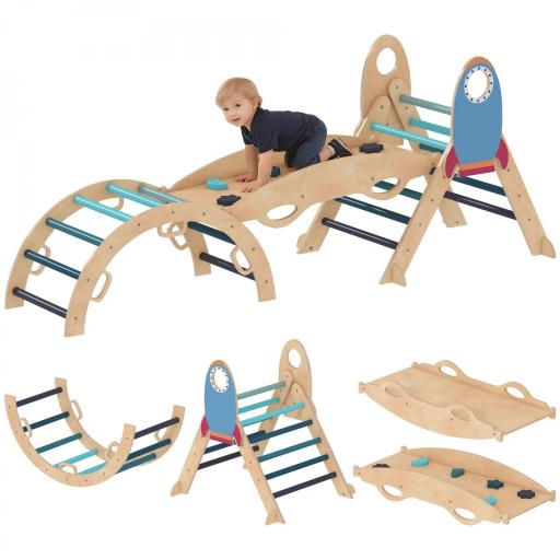  7 en 1 Triángulo de Escalada Montessori de Madera Tema de Cohetes con Arco y Rampa para Niños de 18-48 Meses Azul [8]