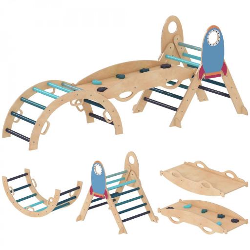  7 en 1 Triángulo de Escalada Montessori de Madera Tema de Cohetes con Arco y Rampa para Niños de 18-48 Meses Azul [10]