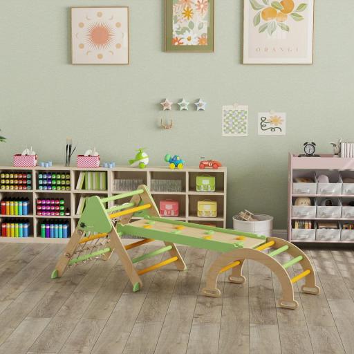 8 en 1 Montessori estructura de escalada de madera para interior triángulo de escalada con arco, tobogán reversible, Verde [3]
