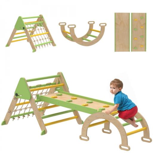 8 en 1 Montessori estructura de escalada de madera para interior triángulo de escalada con arco, tobogán reversible, Verde [4]