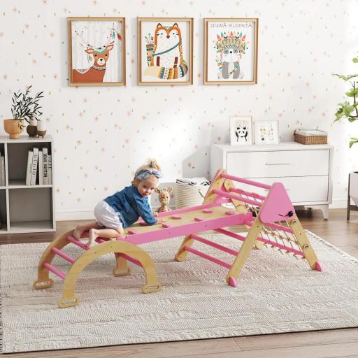 Triángulo de escalada infantil 8 en 1 con tobogán reversible y arco - Rosa