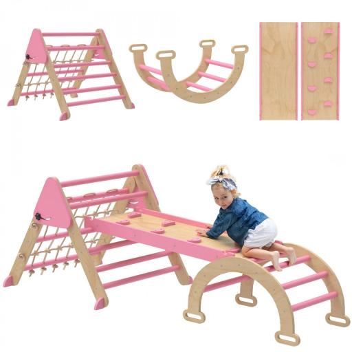Triángulo de escalada infantil 8 en 1 con tobogán reversible y arco - Rosa [5]