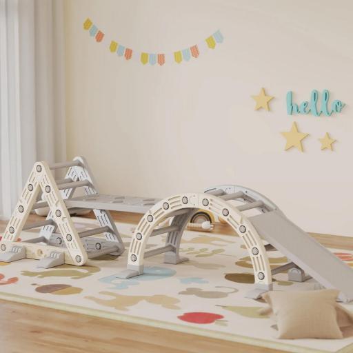 Estructura de escalada de interior, 5 en 1 Escalada con Tobogán, Arco de Escalada, Plataforma de Doble Cara, Parque Infantil Indoor para Niños de 18-48 Meses, Gris+Blanco