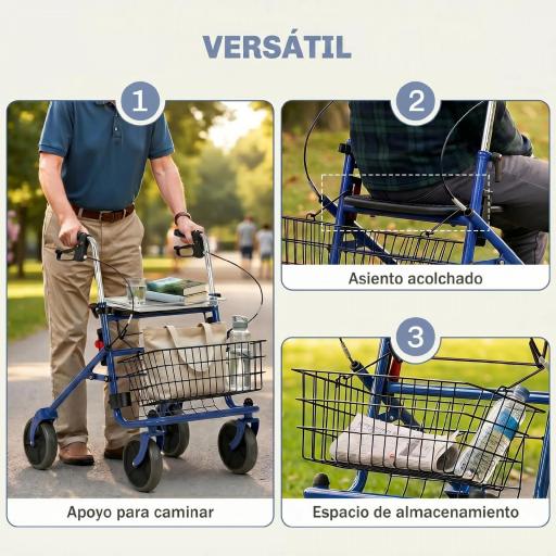 Andador para Ancianos Plegable con Asiento 4 Ruedas Altura Ajustable Frenos de Maneta Cesta Bandeja Porta Bastón Azul [2]
