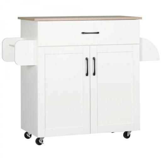 Carro de Cocina con 1 Cajón 2 Puertas Barra de Colgar y Especiero Carrito Auxiliar con Ruedas 105x36x85 cm Blanco [6]