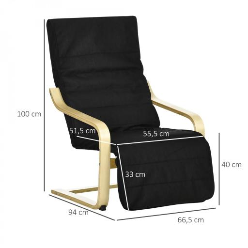 Sillón de Salón con Reposapiés Ajustable Butaca Tapizado en Tela para Oficina Dormitorio 66,5x94x100cm Negro [1]