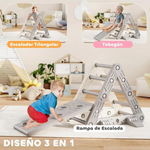 Triángulo de Escalada para Niños de 18-48 Meses con Tobogán y Rampa Escalador 130x80x69 cm Gris y Blanco [1]