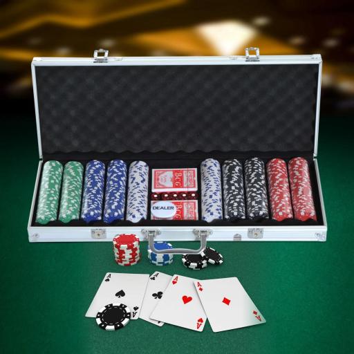Maletín de Poker Profesional de Aluminio con 500 Fichas Juego Set de Poker Casino con 5 Dados 2 Barajas de Cartas y 1 Ficha de Crupier 55,5x22x6,5 cm Multicolor