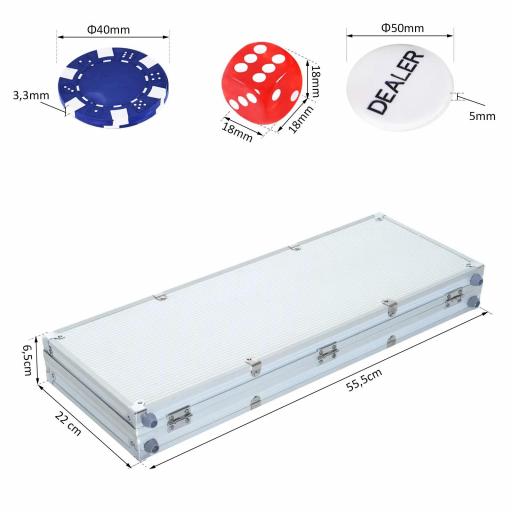 Maletín de Poker Profesional de Aluminio con 500 Fichas Juego Set de Poker Casino con 5 Dados 2 Barajas de Cartas y 1 Ficha de Crupier 55,5x22x6,5 cm Multicolor [6]