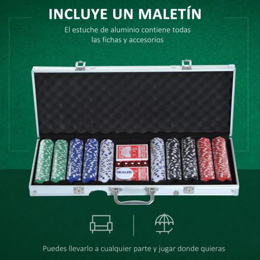 Maletín de Poker Profesional de Aluminio con 500 Fichas Juego Set de Poker Casino con 5 Dados 2 Barajas de Cartas y 1 Ficha de Crupier 55,5x22x6,5 cm Multicolor [2]