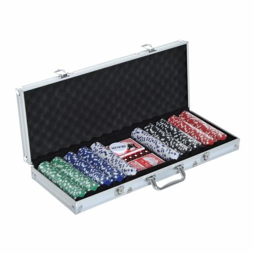 Maletín de Poker Profesional de Aluminio con 500 Fichas Juego Set de Poker Casino con 5 Dados 2 Barajas de Cartas y 1 Ficha de Crupier 55,5x22x6,5 cm Multicolor [4]