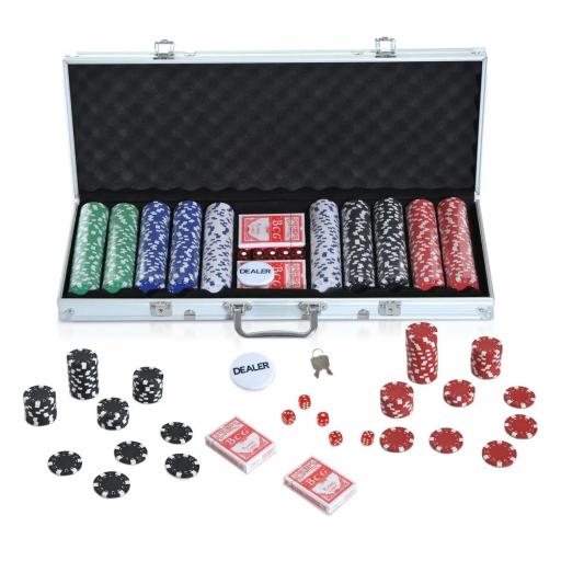 Maletín de Poker Profesional de Aluminio con 500 Fichas Juego Set de Poker Casino con 5 Dados 2 Barajas de Cartas y 1 Ficha de Crupier 55,5x22x6,5 cm Multicolor [8]