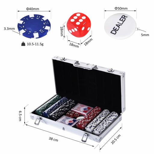 Maletín de Poker Profesional de Aluminio con 300 Fichas Juego Set de Poker Casino con 5 Dados 2 Barajas de Cartas y 1 Ficha de Crupier 38x20,5x6,5 cm Multicolor [1]
