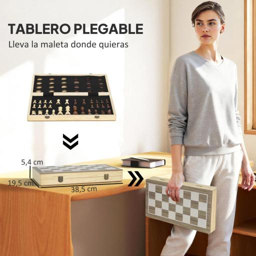 Juego de Ajedrez Internacional y Damas de Madera 2 en 1 Plegable con Piezas de Pino y Ranuras de Almacenamiento Nogal [4]