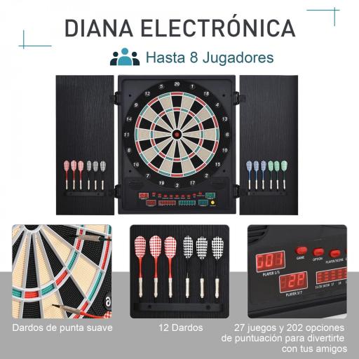 Diana Electrónica Digital hasta 8 Jugadores con 12 Dardos y 30 Puntas con Pantalla LED Puertas 27 Juegos Distintos y 202 Variantes 51x6,5x57 cm Negro [5]