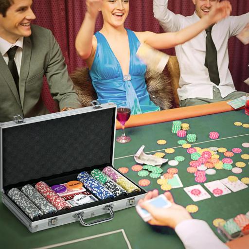 Set de Póker con 300 Fichas 2 Barajas de Cartas Dados Tapete y Botón de Crupier Set de Casino Texas Hold'em con Maletín 